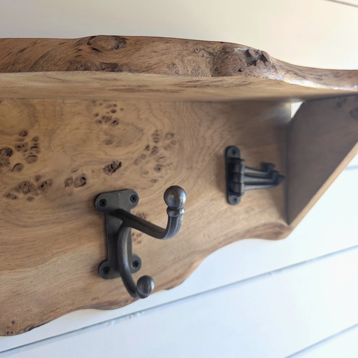 Live Edge Pippy Oak Coat Rack and Shelf