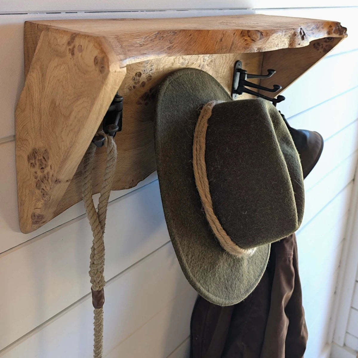 Live Edge Pippy Oak Coat Rack and Shelf